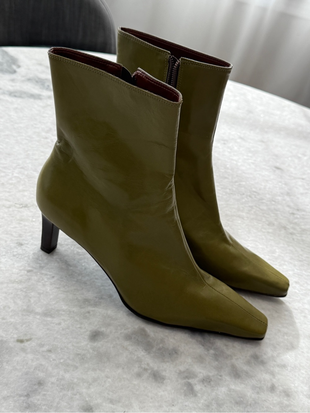 Sandler Olive Green Patent Leather Pointed Toe Ankle Boots